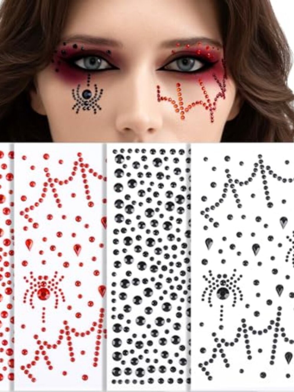 Face Gems, Face Jewels for Women, Stick On Red, Black Face Rhinestones